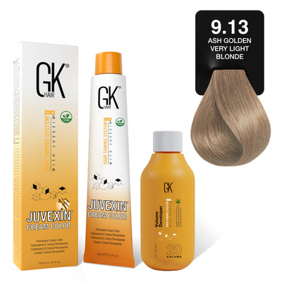 GK Hair's Juvexin 9.13 Ash Golden Very Light Blonde Cream Color product set including Volume Developer.