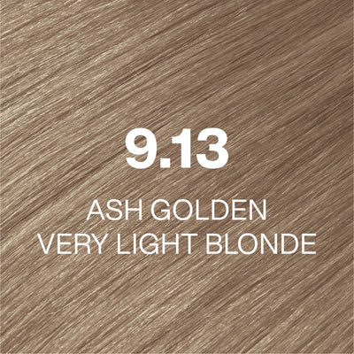 Silky hair texture showcasing the GK Hair's Juxevin Cream Color "9.13 Ash Golden Very LIght Blonde" in bold white text.