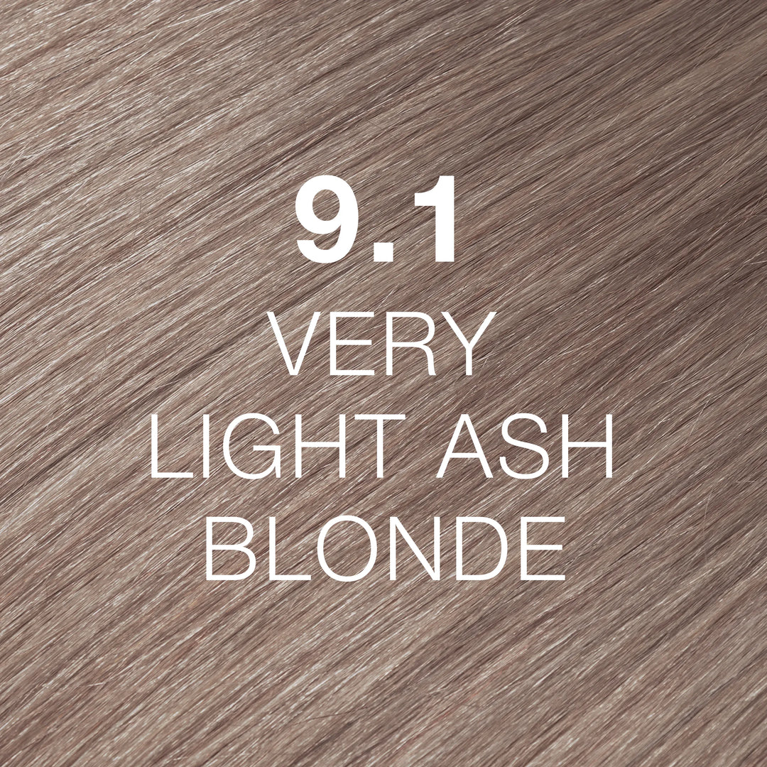 GK Hair Juvexin Cream Color 9.1 Very Light Ash Blonde: glossy cool silver-taupe blonde hair, name in white text