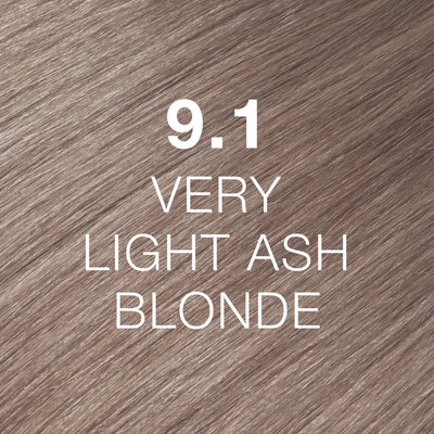 Silky hair texture showcasing the GK Hair's Juxevin Cream Color "9.1 Very Light Ash Blonde" in bold white text.