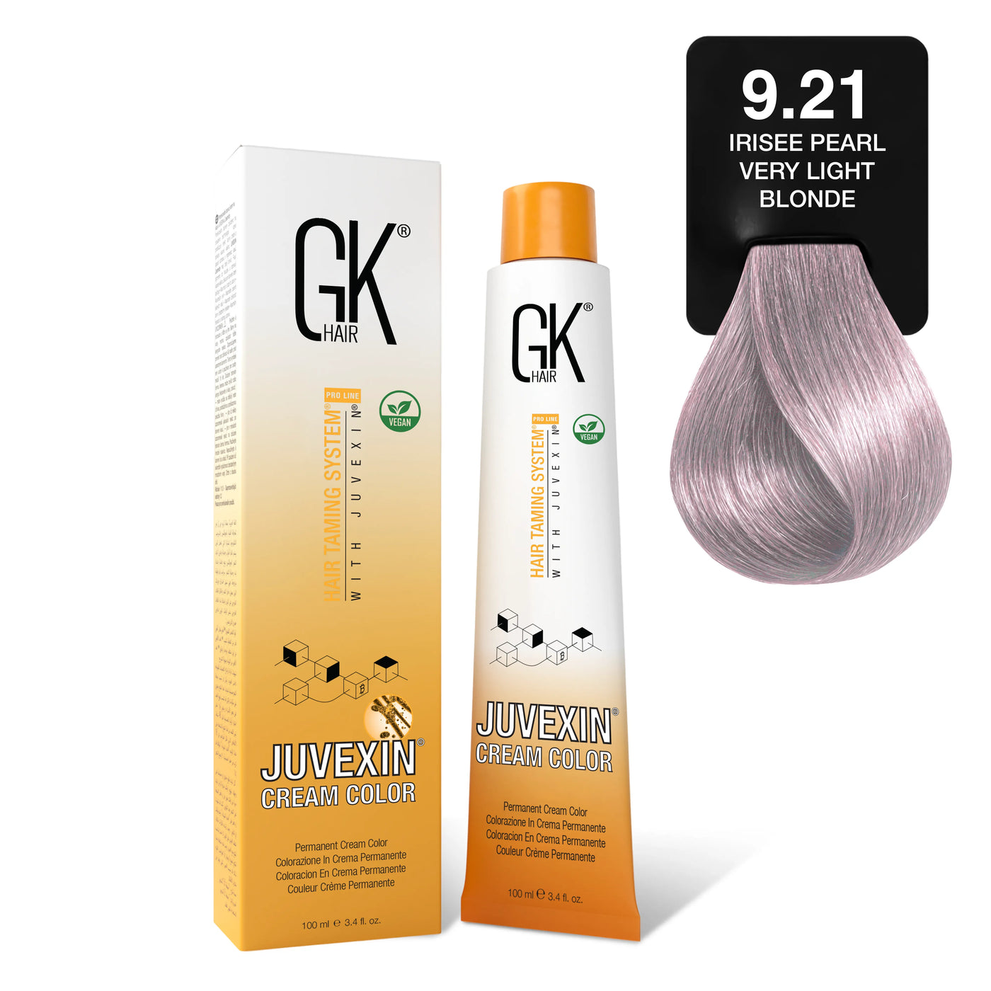 GK Hair's Juvexin 9.12 Irisee Pearl Very Light Blonde Cream Color product set.