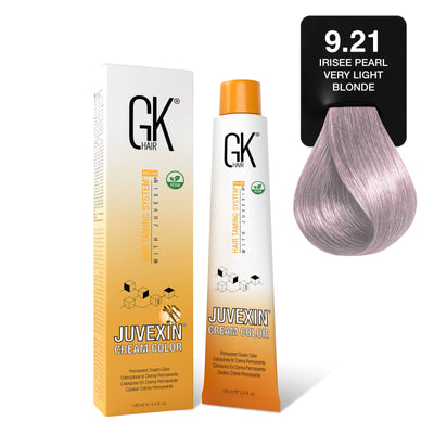 GK Hair's Juvexin 9.12 Irisee Pearl Very Light Blonde Cream Color product set.