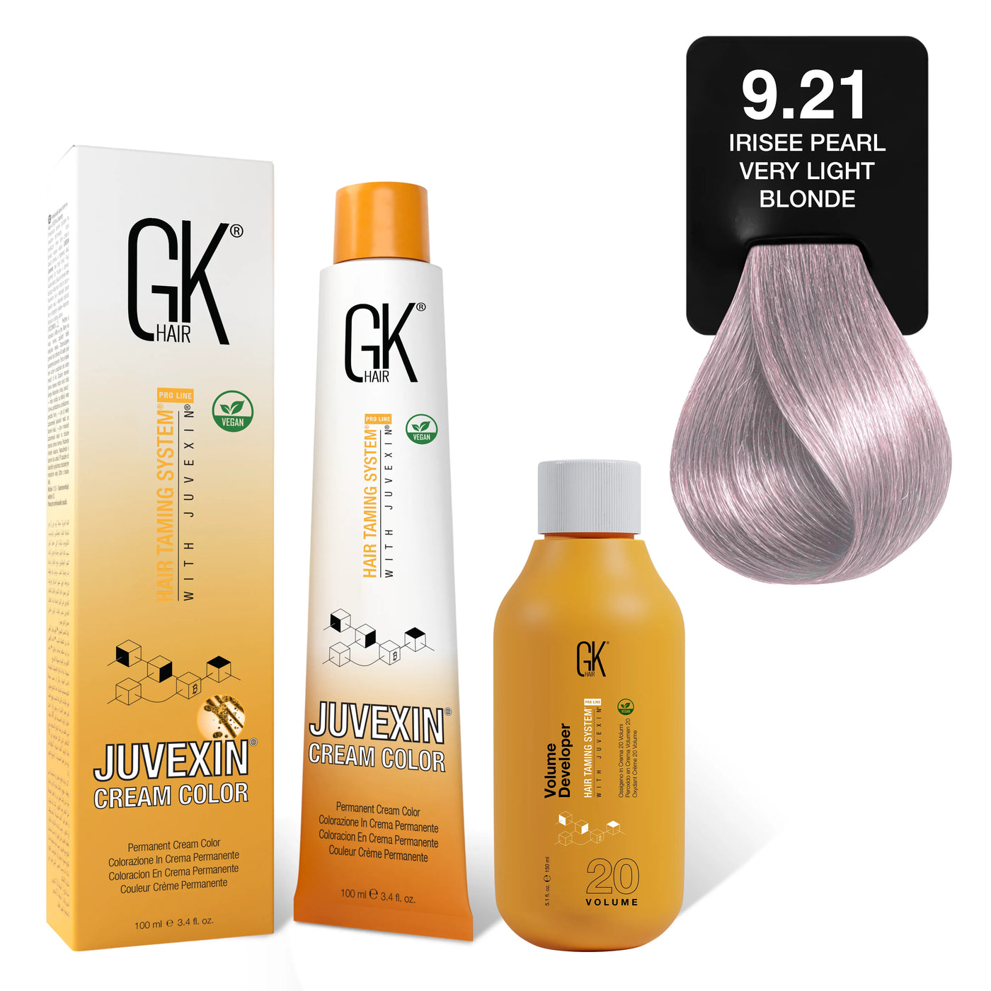 GK Hair's Juvexin 9.21 Irisee Pearl Very Light Blonde Cream Color product set including Volume Developer.