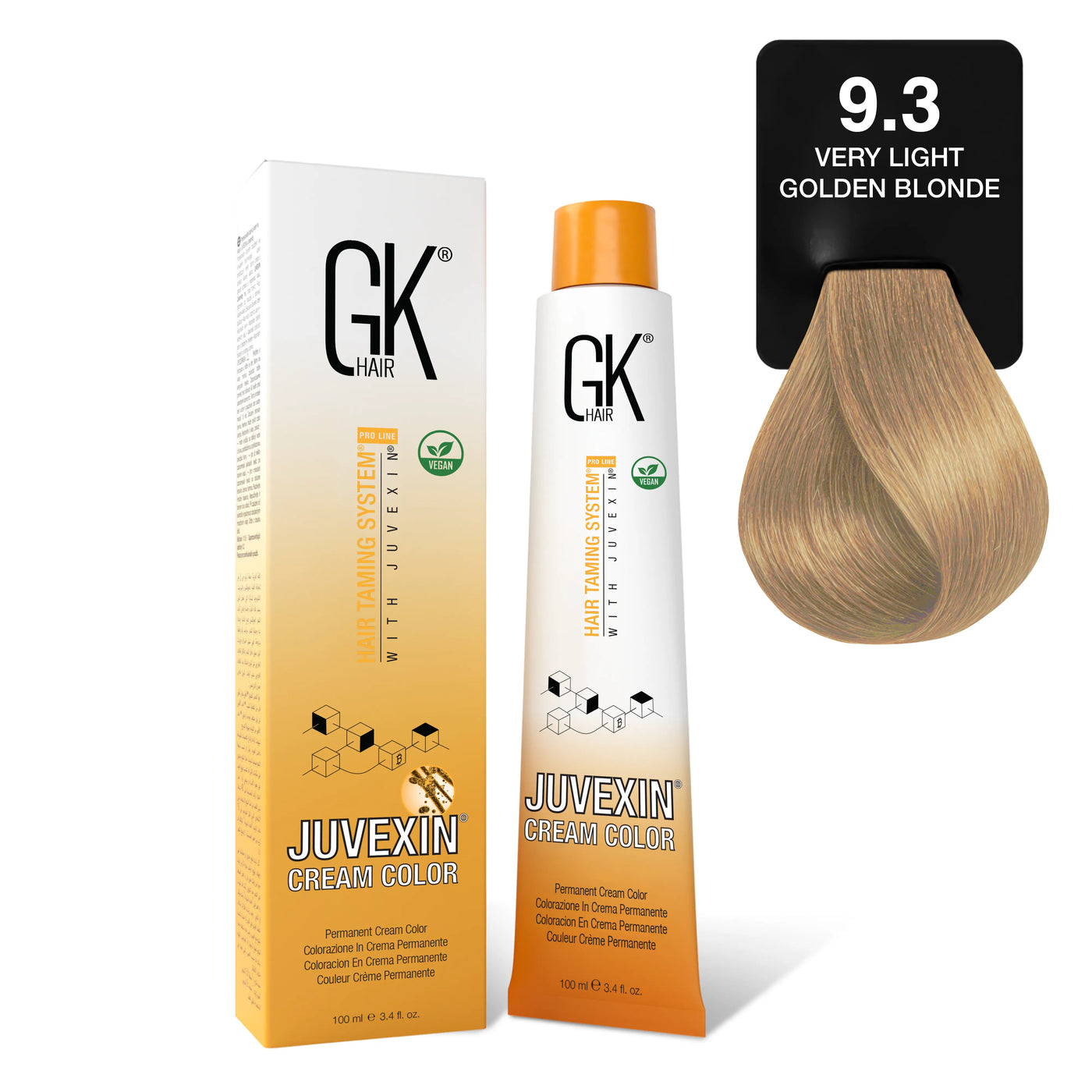 GK Hair's Juvexin 9.3 Very Light Golden Blonde Cream Color product set.