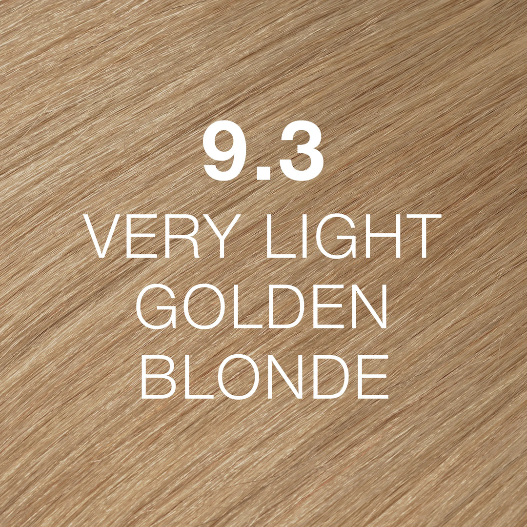 GK Hair Juvexin Cream Color 9.3 Very Light Golden Blonde: warm golden wheat-blonde hair swatch, name in white text