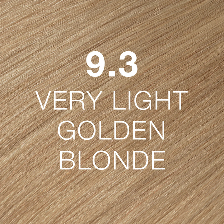 GK Hair Juvexin Cream Color 9.3 Very Light Golden Blonde: warm golden wheat-blonde hair swatch, name in white text