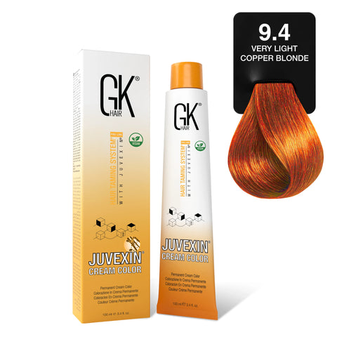 GK Hair's Juvexin 9.4 Very Light Copper Blonde Cream Color product set.