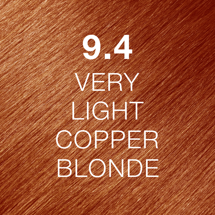 GK Hair Juvexin Cream Color 9.4 Very Light Copper Blonde: vivid orange-copper hair swatch, name in white text