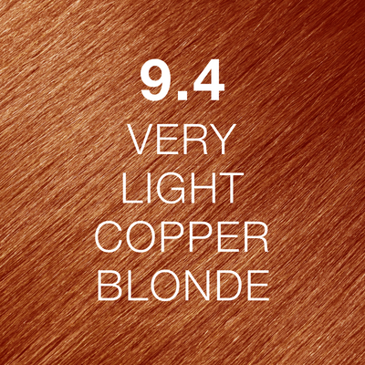 Silky hair texture showcasing the GK Hair's Juxevin Cream Color "9.4 Very Light Copper Blonde" in bold white text.