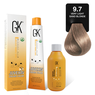 GK Hair's Juvexin 9.7 Very Light Sand Blonde Cream Color product set including Volume Developer.