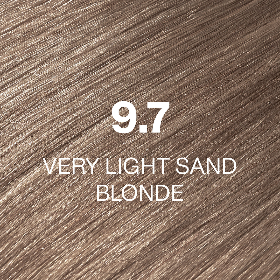 GK Hair Juvexin Cream Color 9.7 Very Light Sand Blonde: cool taupe-beige blonde hair swatch, name in white text