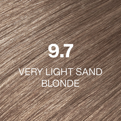 Silky hair texture showcasing the GK Hair's Juxevin Cream Color "9.7 Very Light Sand Blonde" in bold white text.