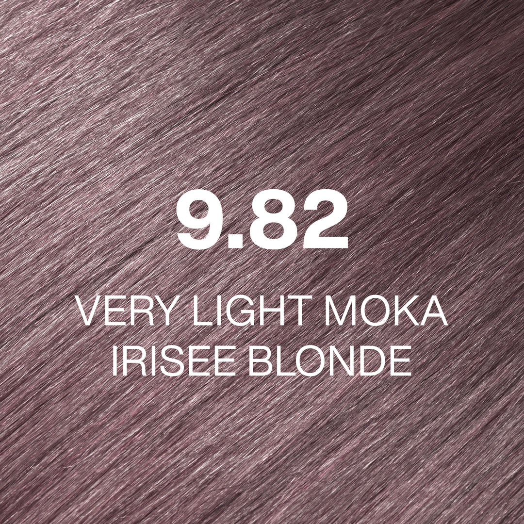 GK Hair Juvexin Cream Color 9.82 Very Light Moka Irisee Blonde swatch, glossy mauve-violet blonde hair, white text