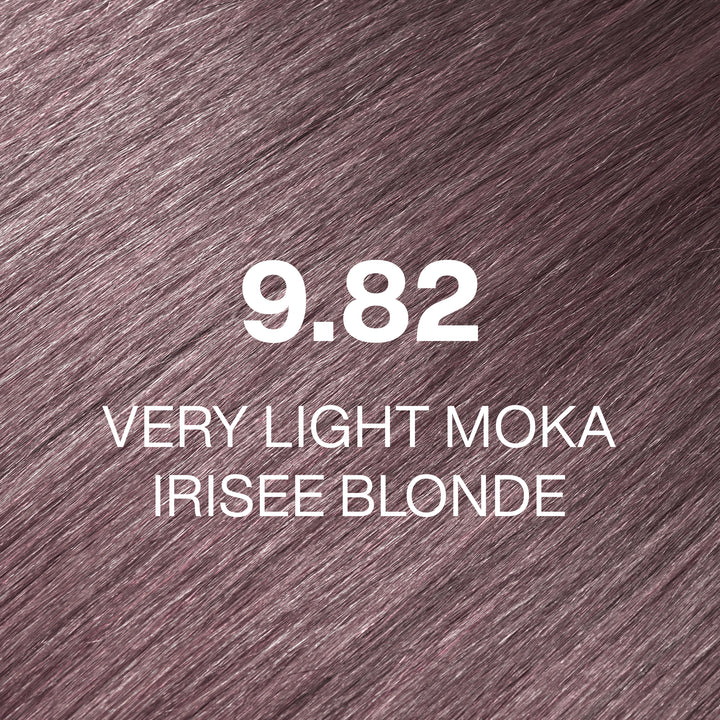 GK Hair Juvexin Cream Color 9.82 Very Light Moka Irisee Blonde swatch, glossy mauve-violet blonde hair, white text