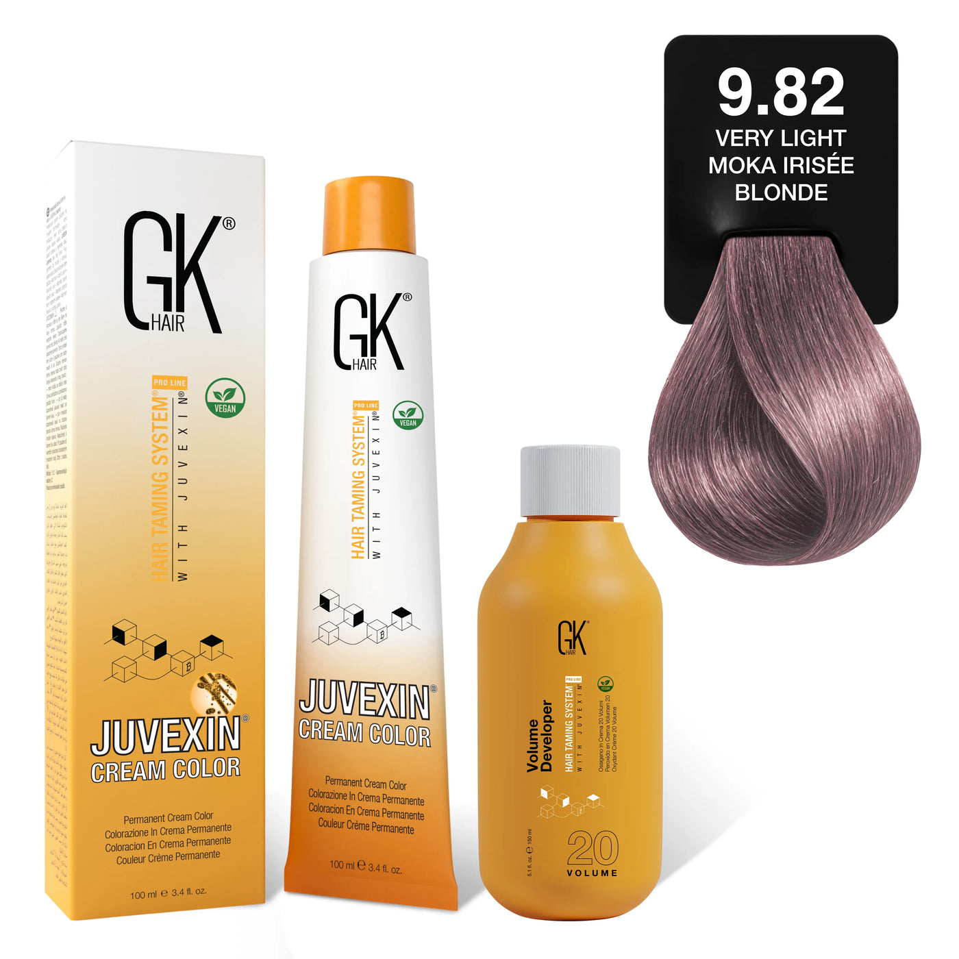 GK Hair's Juvexin 9.82 Very Light Moka Irisee Blonde Cream Color product set including Volume Developer.
