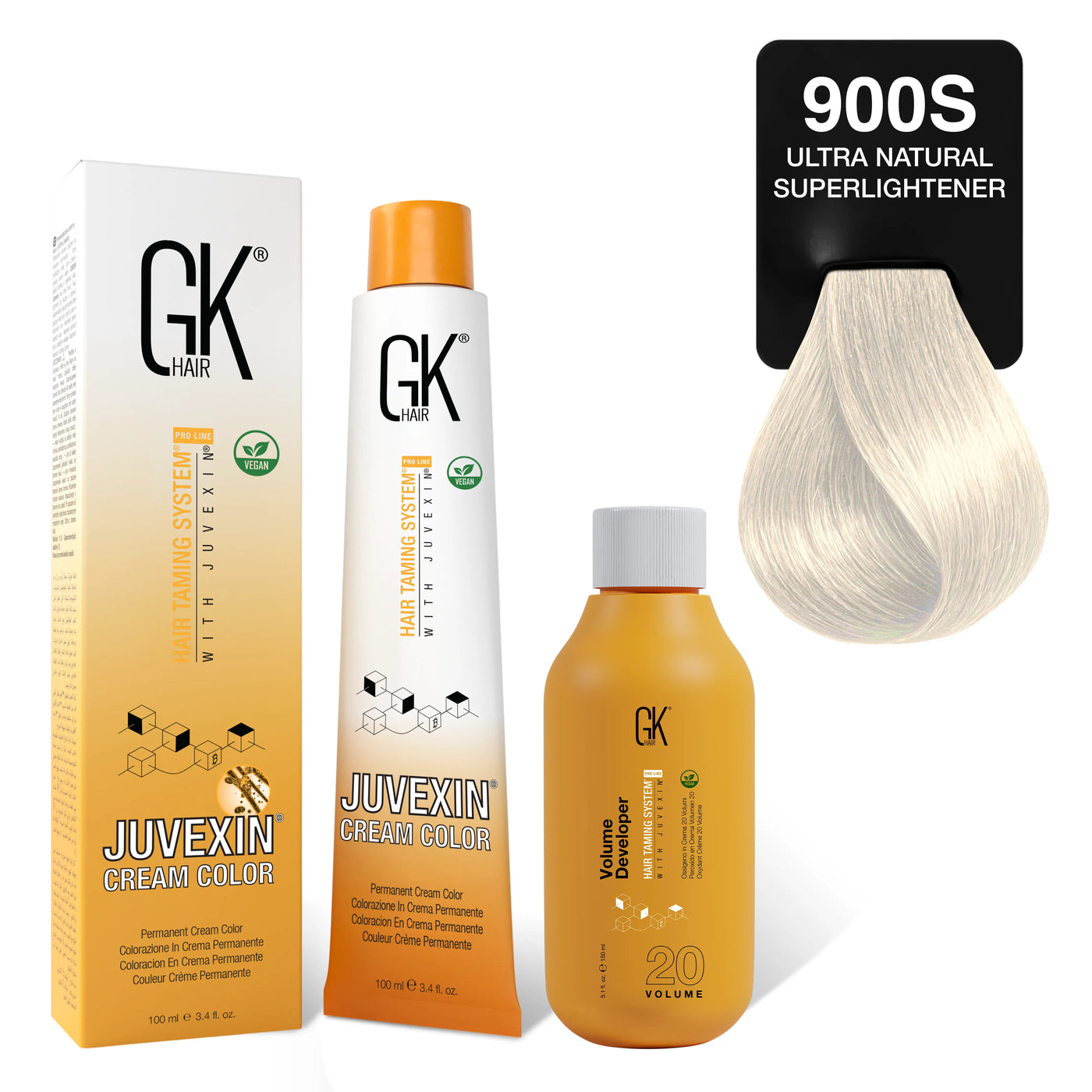 GK Hair's Juvexin 900S Ultra Natural Superlightener Cream Color product set including Volume Developer.
