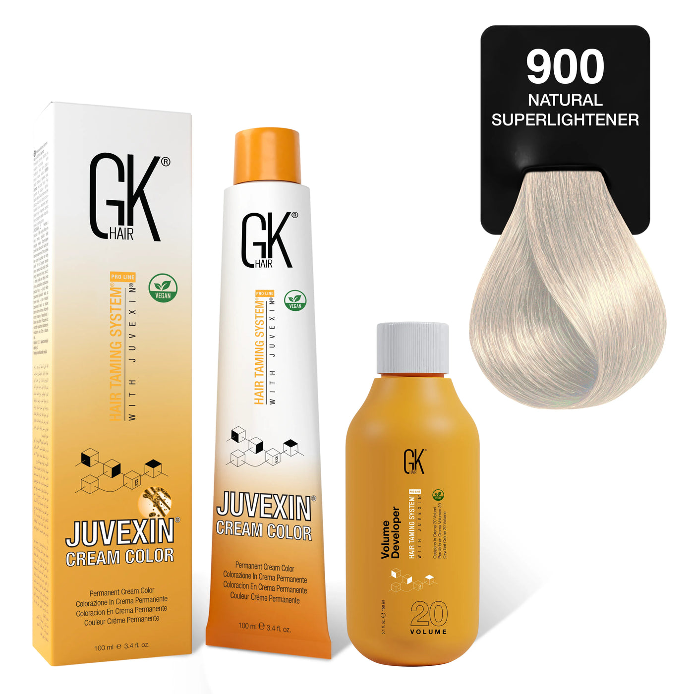 GK Hair's Juvexin 900 Natural Superlightener Cream Color product set including Volume Developer.