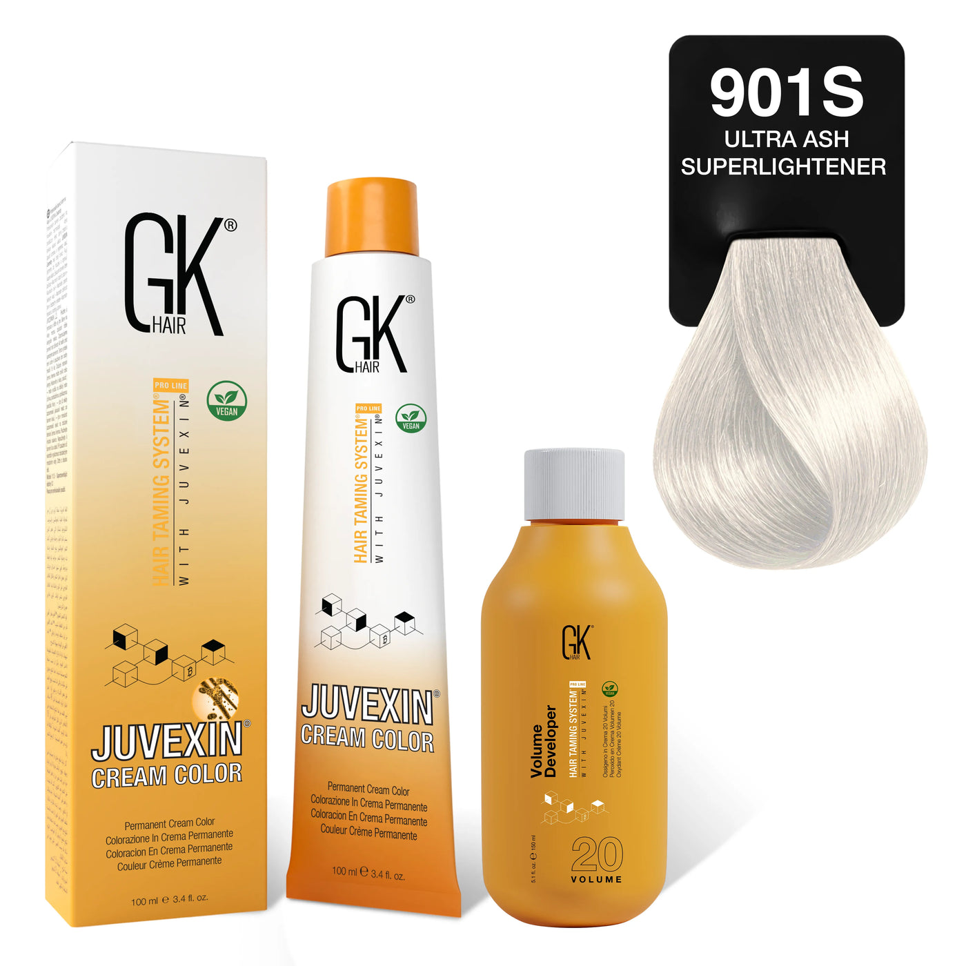 GK Hair's Juvexin 901S Ultra Ash Superlightener Cream Color product set including Volume Developer.