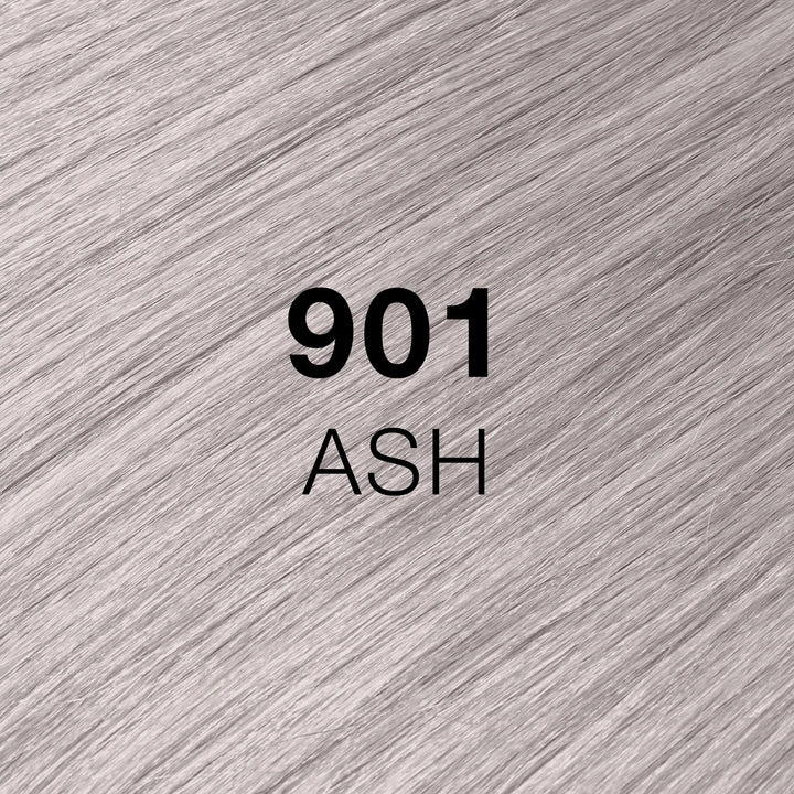 GK Hair Juvexin Cream Color 901 Ash Superlighteners swatch, glossy cool gray-blonde hair, code in black text
