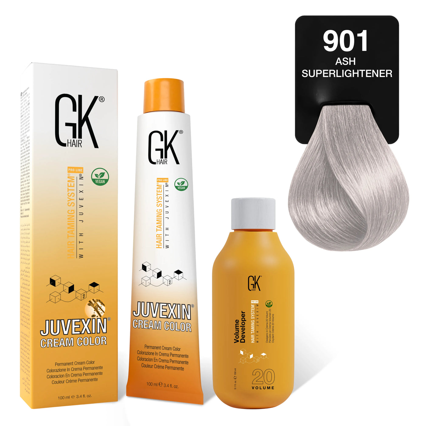 GK Hair's Juvexin 901 Ash Superlightener Cream Color product set including Volume Developer.