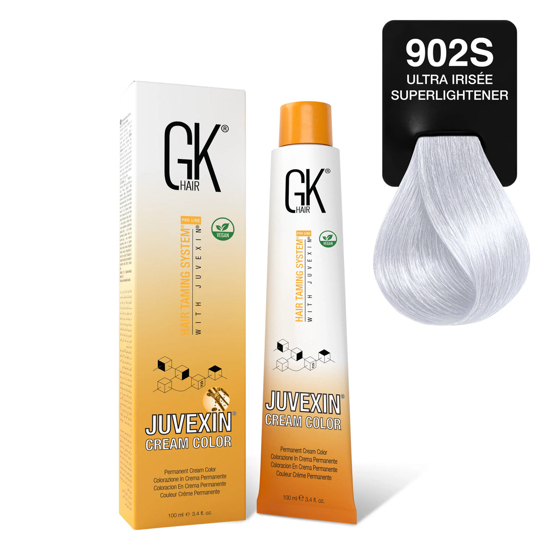 GK Hair Juvexin Cream Color 902S Ultra Irisee Superlightener carton and tube with a swatch card of pearly violet-white hair