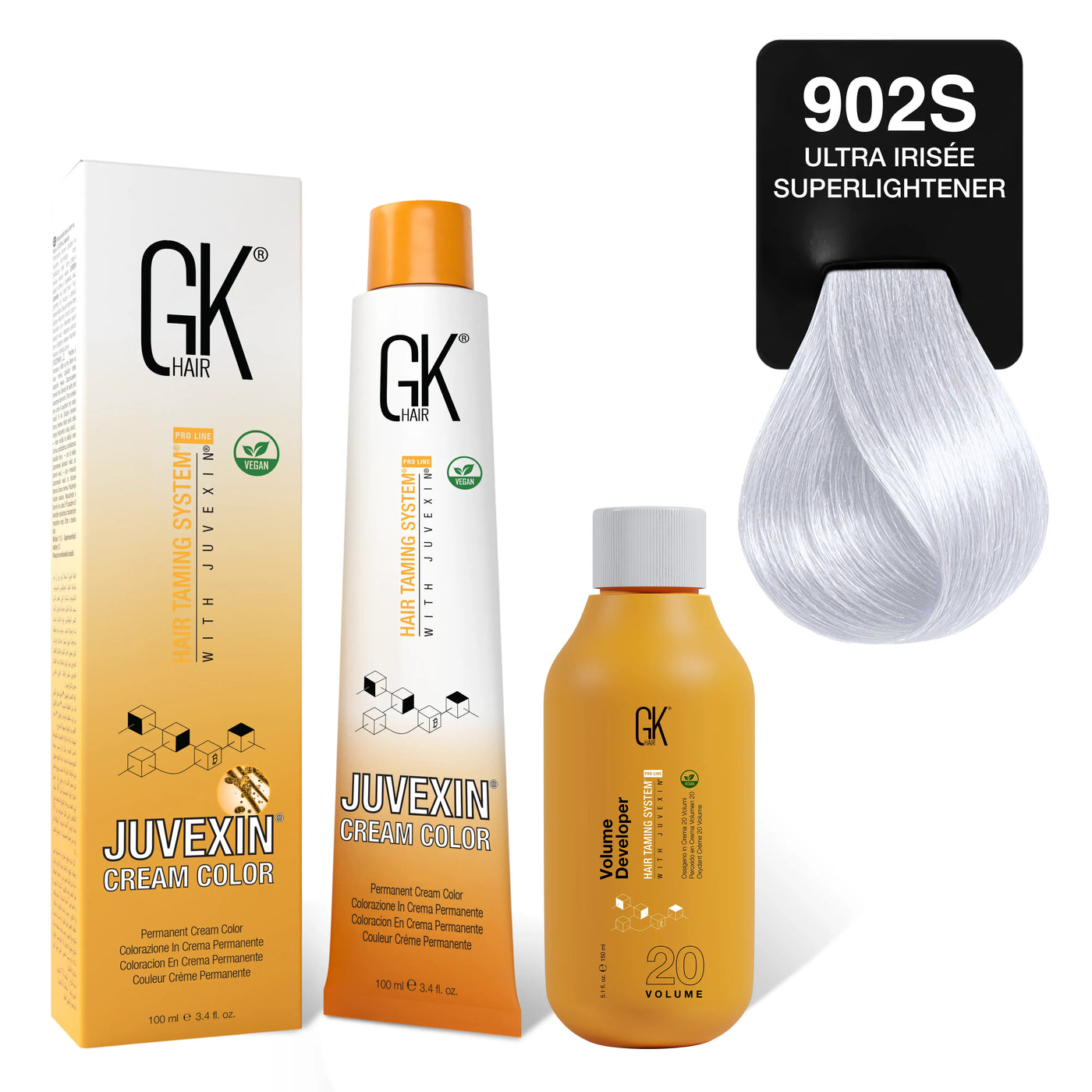 GK Hair's Juvexin 902S Ultra Irisee Superlightener Cream Color product set including Volume Developer.