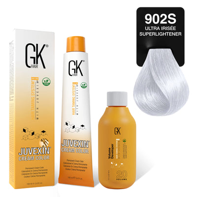GK Hair's Juvexin 902S Ultra Irisee Superlightener Cream Color product set including Volume Developer.