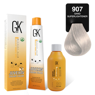 GK Hair's Juvexin 907 Sand Superlightener Cream Color product set including Volume Developer.