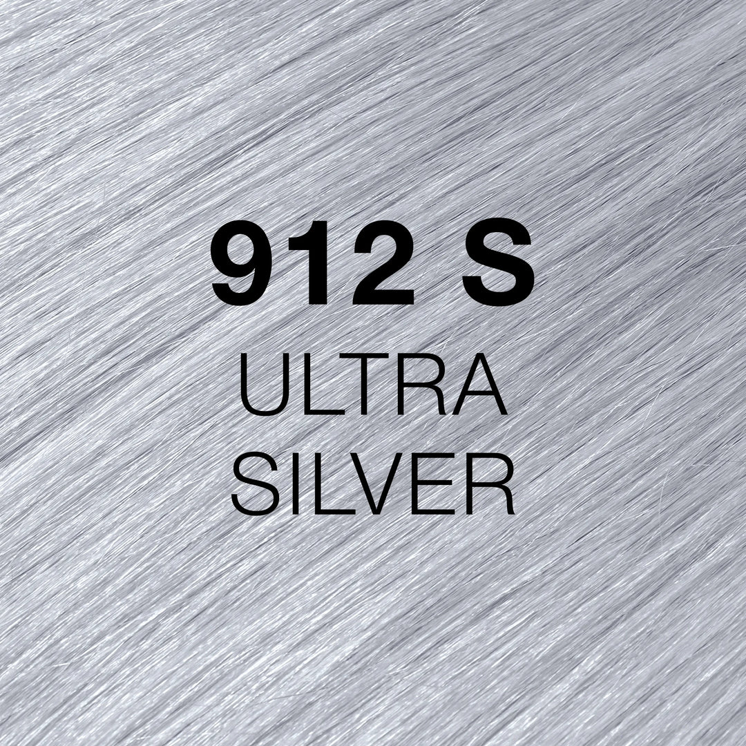 GK Hair Juvexin Cream Color 912 S Ultra Silver Superlighteners swatch, glossy blue-toned silver-gray hair