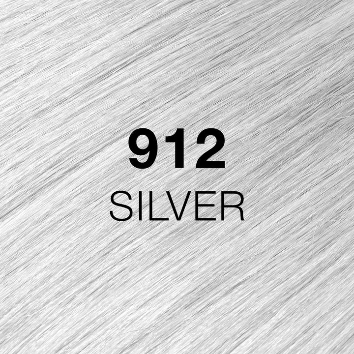 GK Hair Juvexin Cream Color 912 Silver Superlighteners swatch, glossy silver-white hair, code in black text