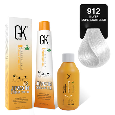 GK Hair's Juvexin 912 Silver Superlightener Cream Color product set including Volume Developer.