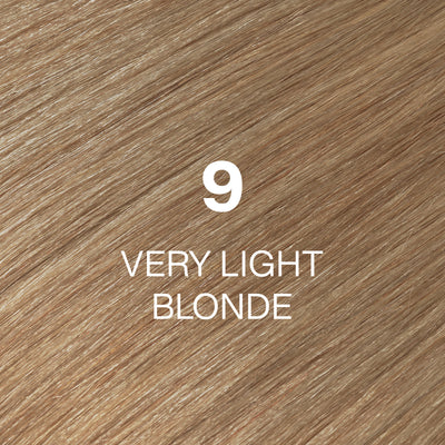 Silky hair texture showcasing the GK Hair's Juxevin Cream Color "9 Very Light Blonde" in bold white text.