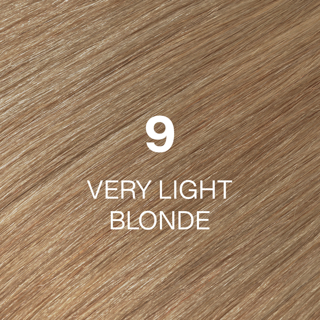 GK Hair Juvexin Cream Color 9 Very Light Blonde: warm sandy wheat-blonde hair swatch, shade name in white text