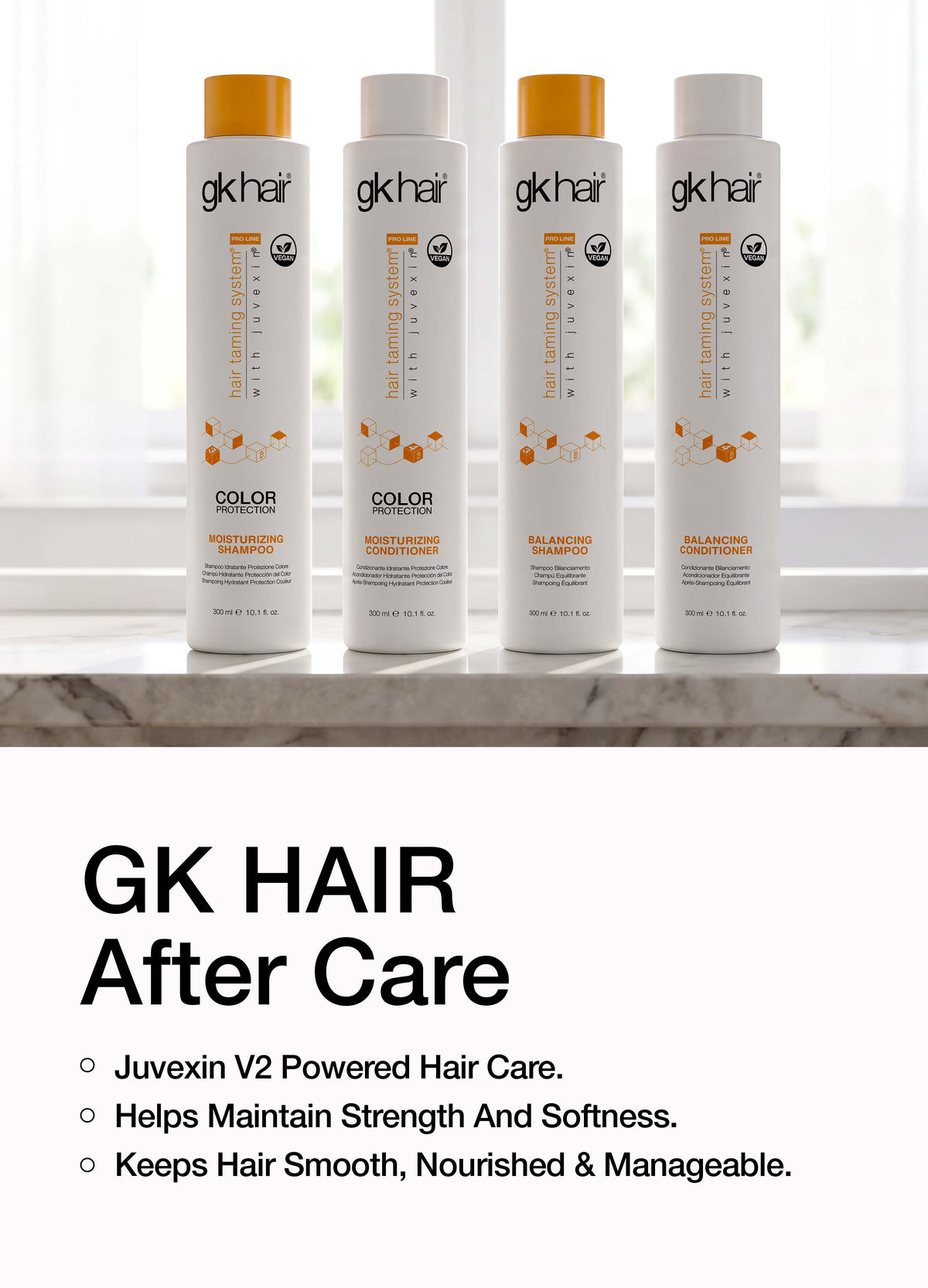 'GK HAIR After Care' banner: Juvexin V2 powered, maintains strength and softness, keeps hair smooth; four gkhair bottles on a windowsill