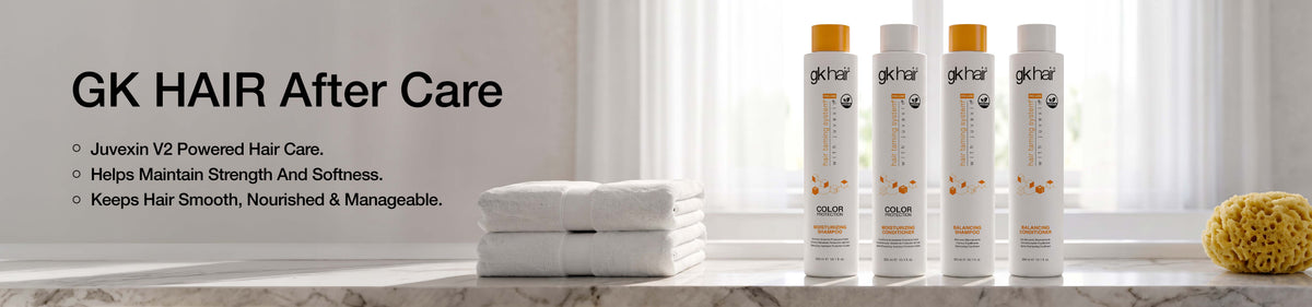 Wide 'GK HAIR After Care' banner: Juvexin V2 powered, maintains strength and softness, keeps hair smooth; four gkhair bottles by towels