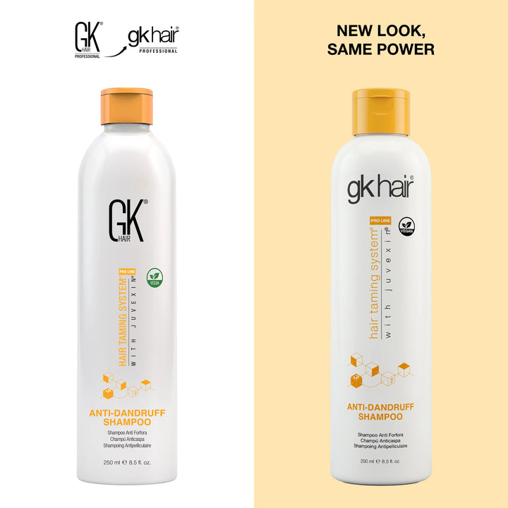 GK Hair Anti-Dandruff Shampoo 250 ml, old GK Hair logo bottle beside the new gkhair bottle, headline New Look, Same Power