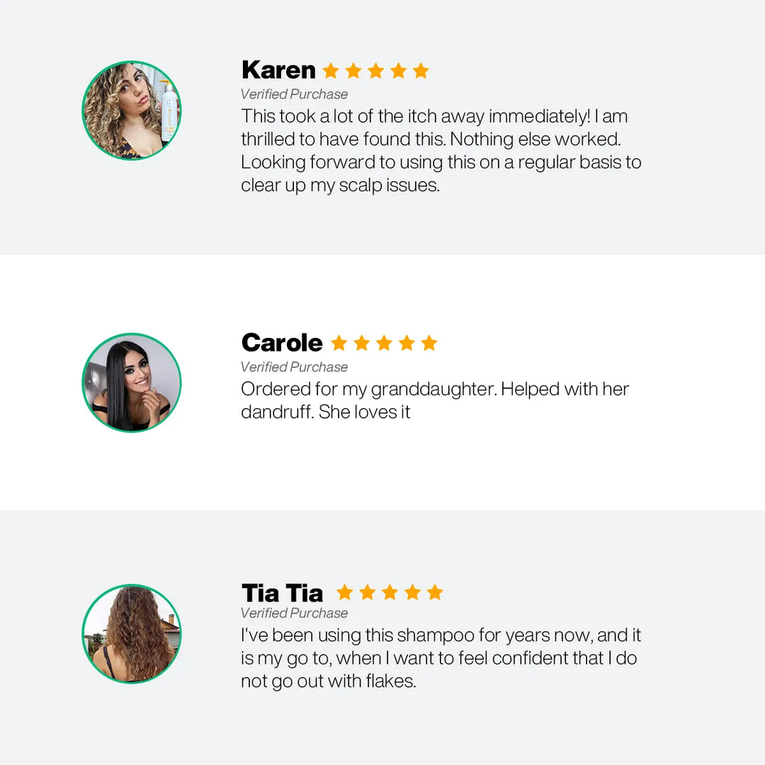 Three five-star verified purchase reviews from Karen, Carole and Tia Tia on relief from scalp itch, dandruff and flakes