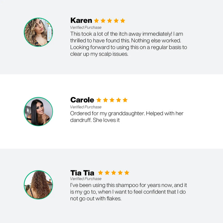 Three five-star verified purchase reviews from Karen, Carole and Tia Tia on relief from scalp itch, dandruff and flakes