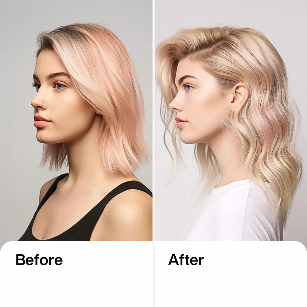 Before and after profiles: at left flat shoulder-length pale pink blonde hair, at right longer, fuller, glossy blonde waves