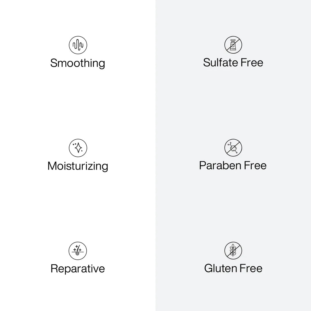 Six benefit icons: Smoothing, Moisturizing, Reparative, Sulfate Free, Paraben Free and Gluten Free
