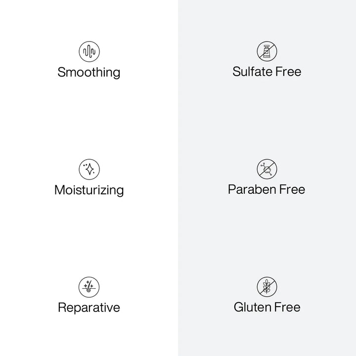 Six benefit icons: Smoothing, Moisturizing, Reparative, Sulfate Free, Paraben Free and Gluten Free