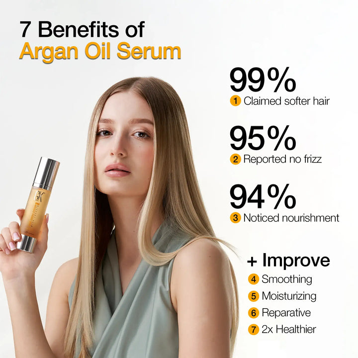 A woman holds a bottle of GK Hair Argan Oil Serum, with benefits displayed: softer hair, reduced frizz, and nourishment.