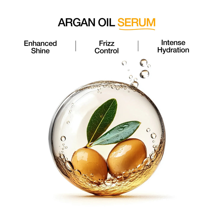 Argan Oil Serum panel: argan nuts and leaves in a golden oil sphere; Enhanced Shine, Frizz Control, Intense Hydration