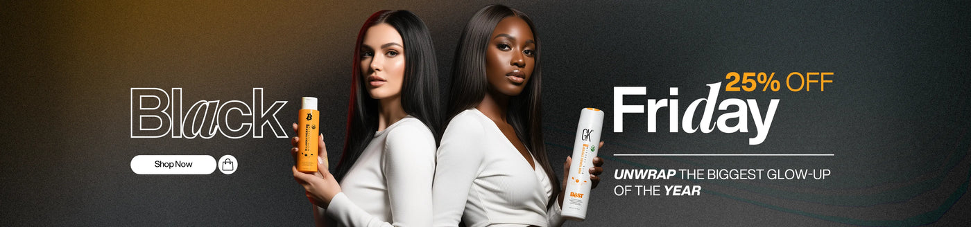 Two women holding hair products with a Black Friday sale banner in the background.