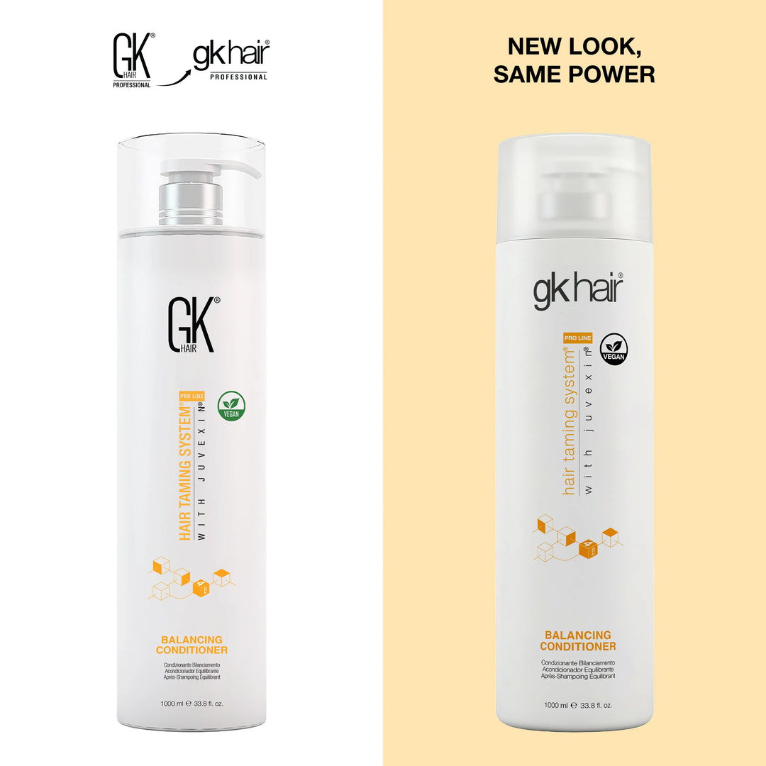 New Look, Same Power: GK Hair Balancing Conditioner 1000 ml pump bottle, old GK HAIR livery left, new gkhair design right