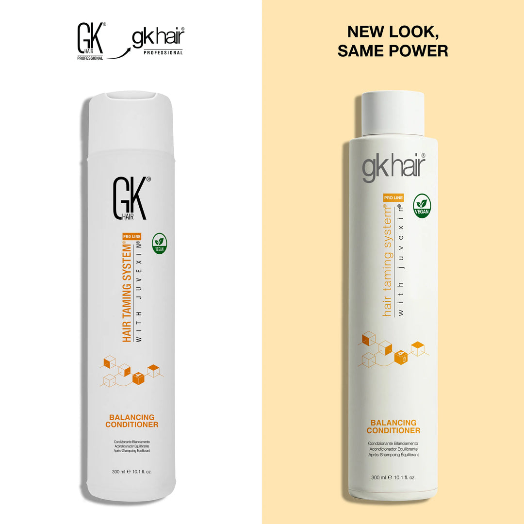 New Look, Same Power: GK Hair Balancing Conditioner 300 ml flip-cap bottle, old GK HAIR label left, new gkhair label right