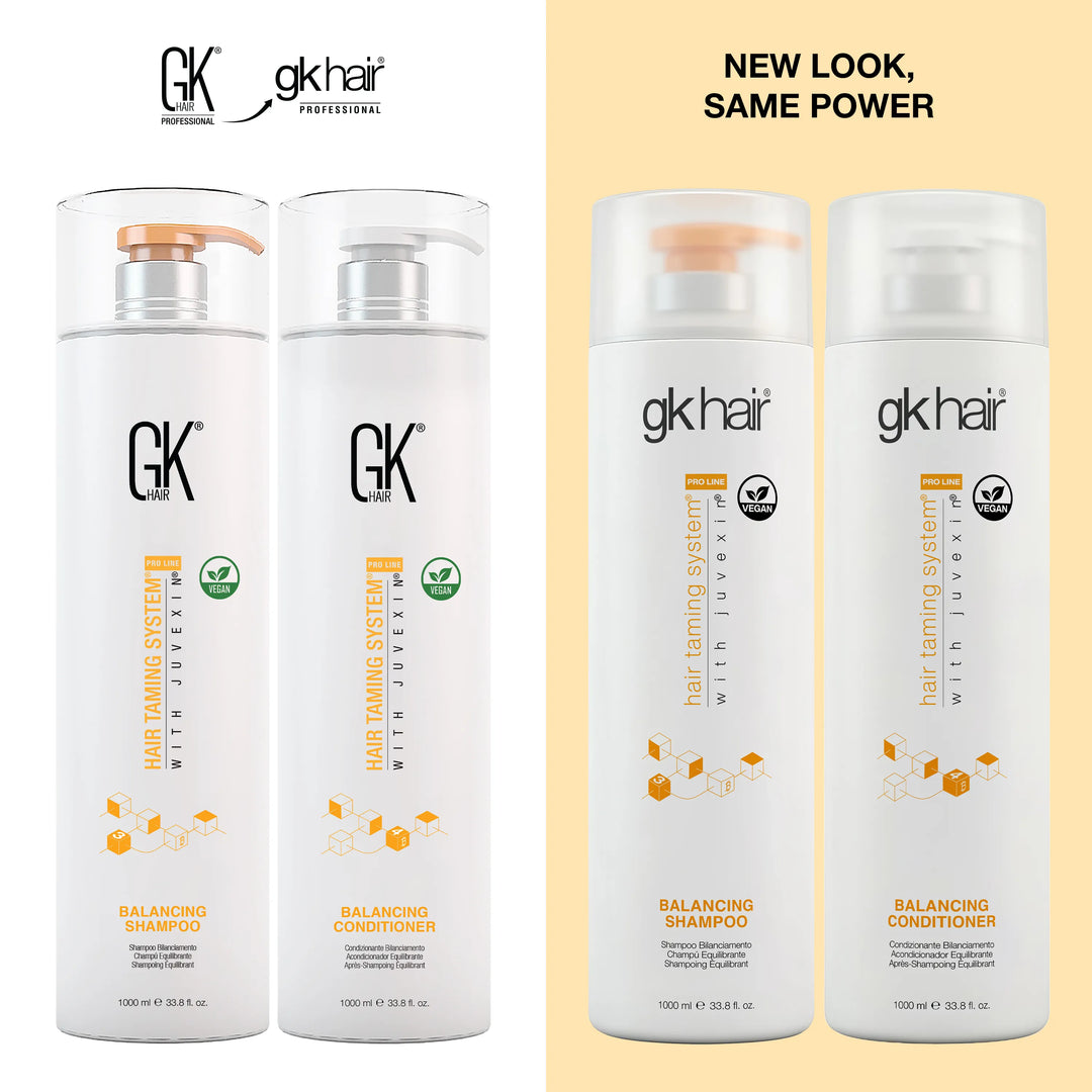 GK Hair Balancing Shampoo and Conditioner 1000 ml pump bottles, old design left and new &