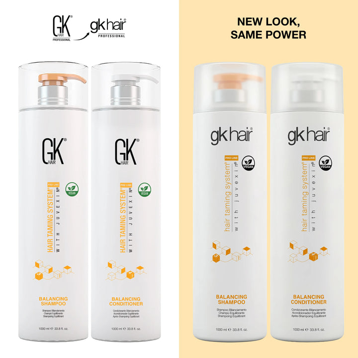 GK Hair Balancing Shampoo and Conditioner 1000 ml pump bottles, old design left and new &