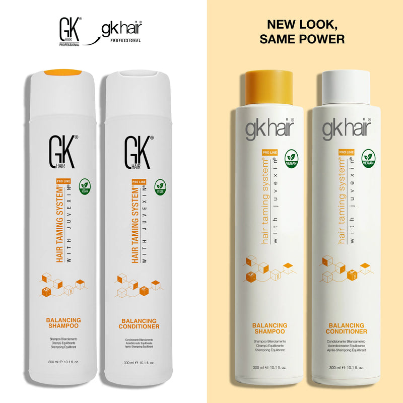 GK Hair Balancing Shampoo and Conditioner 300 ml bottles, old design left and the new 'New Look, Same Power' design right