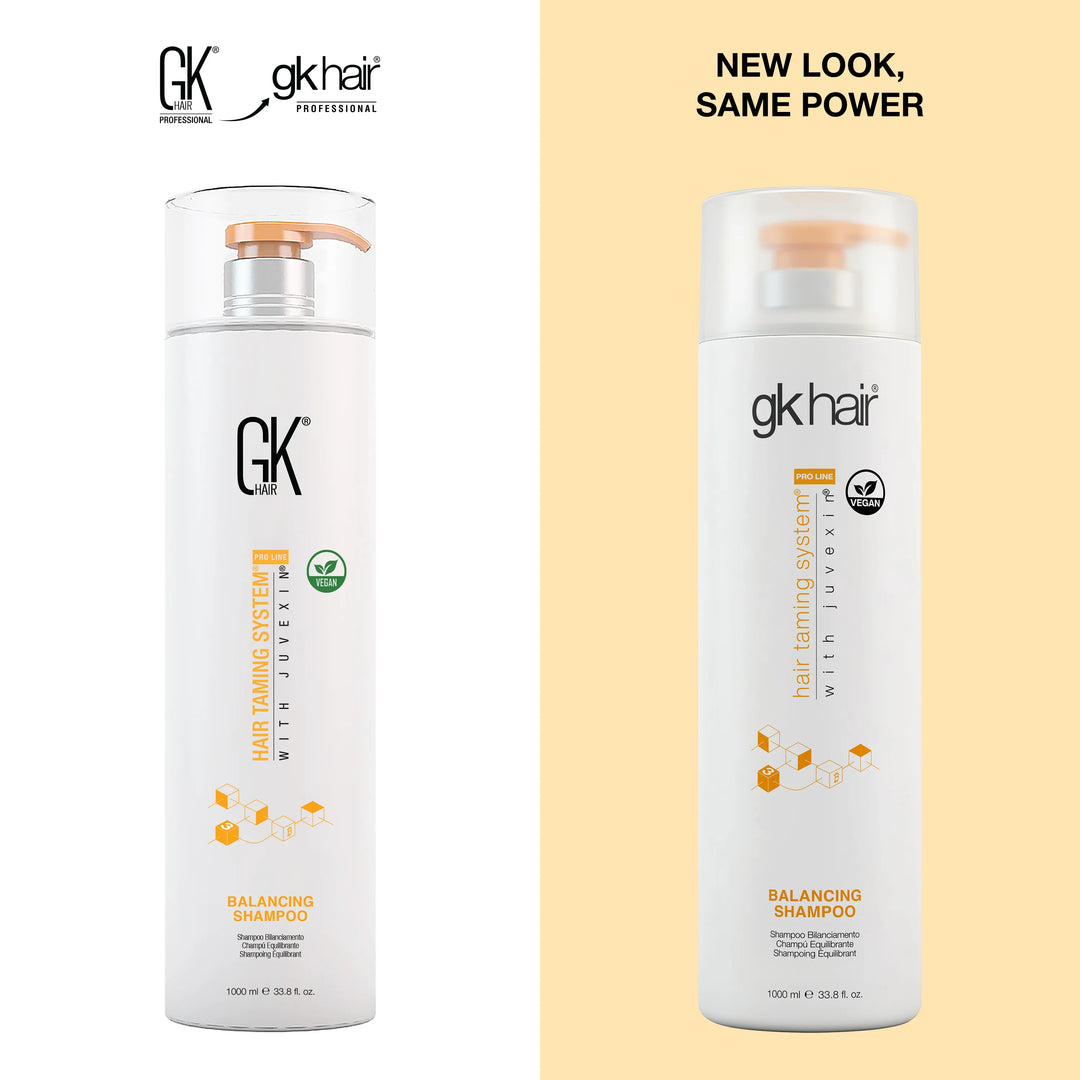 GK Hair Balancing Shampoo 1000 ml white pump bottle, old design left and the new &